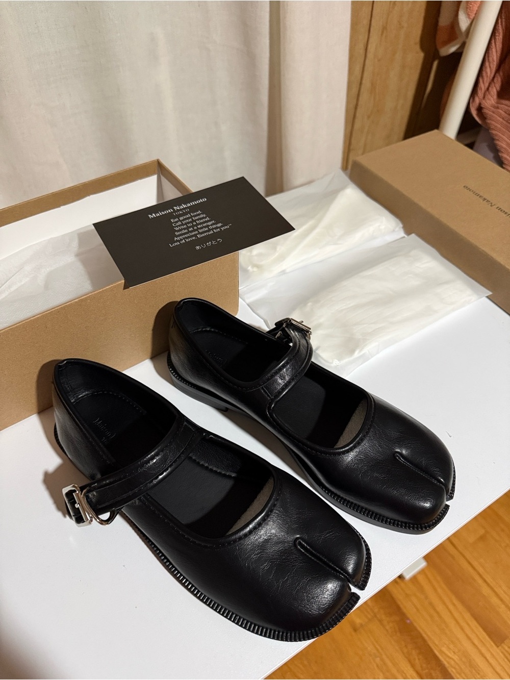 Black Split-Toe Mary Jane Flats with Buckle